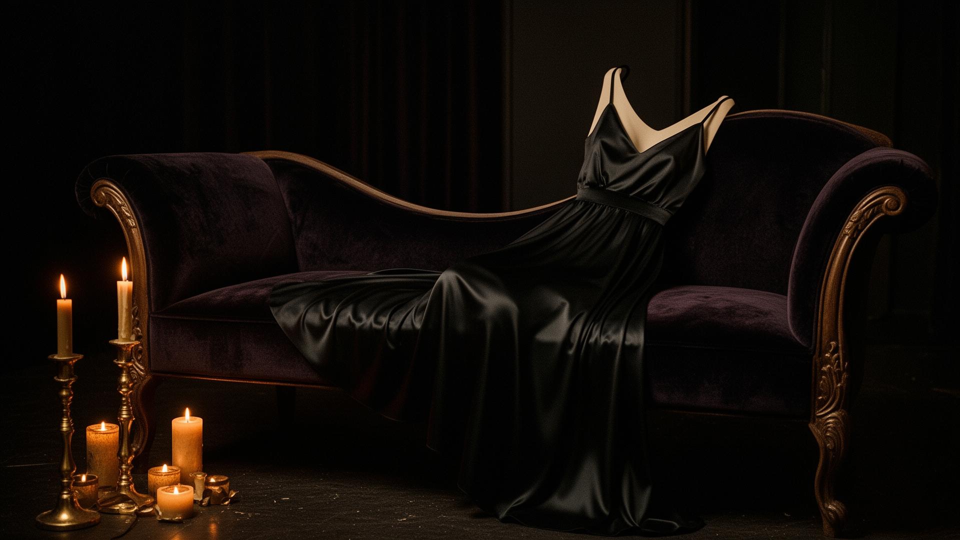 Black silk slip draped on a velvet chaise by candlelight