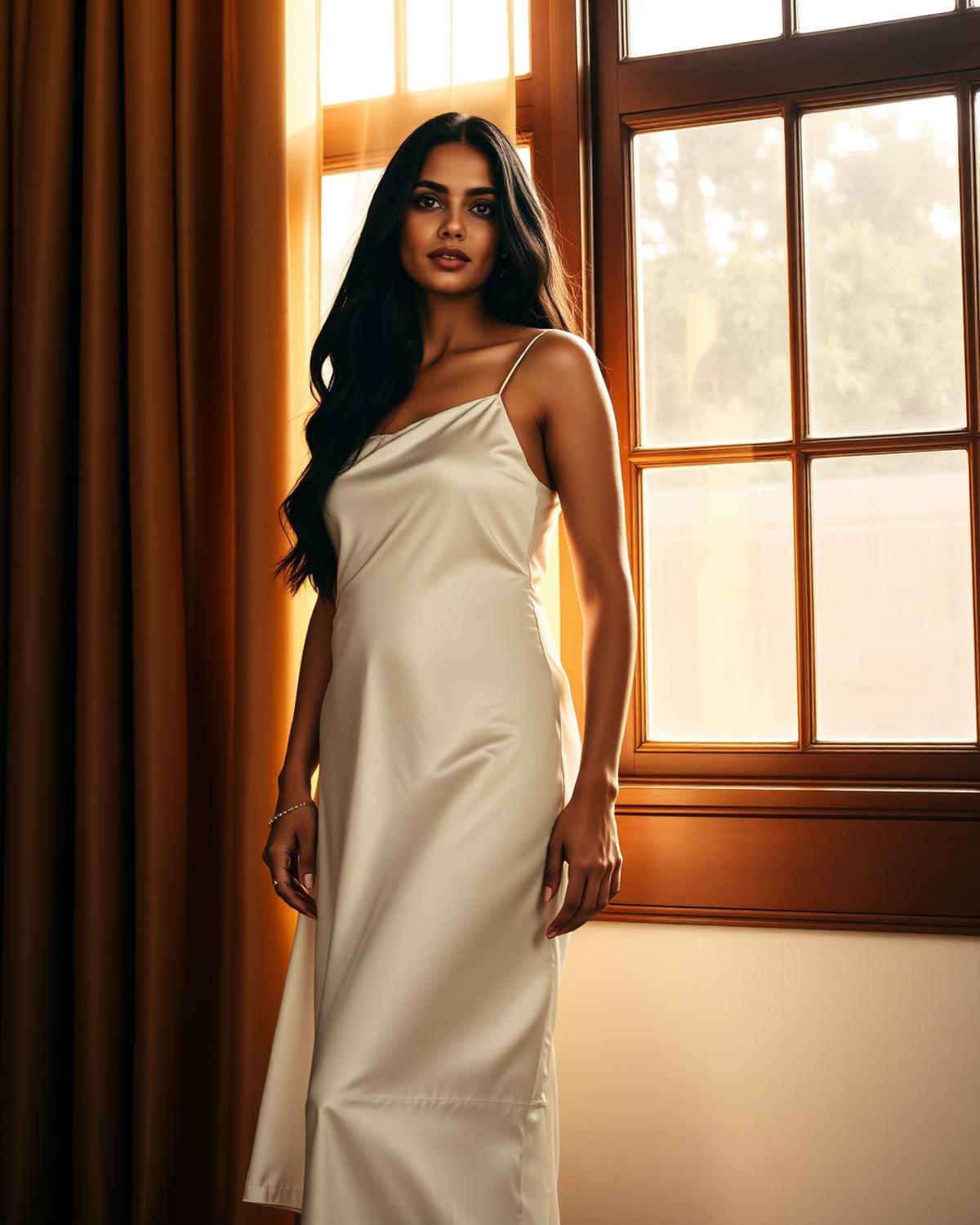 South Asian woman in ivory silk slip in warm afternoon light