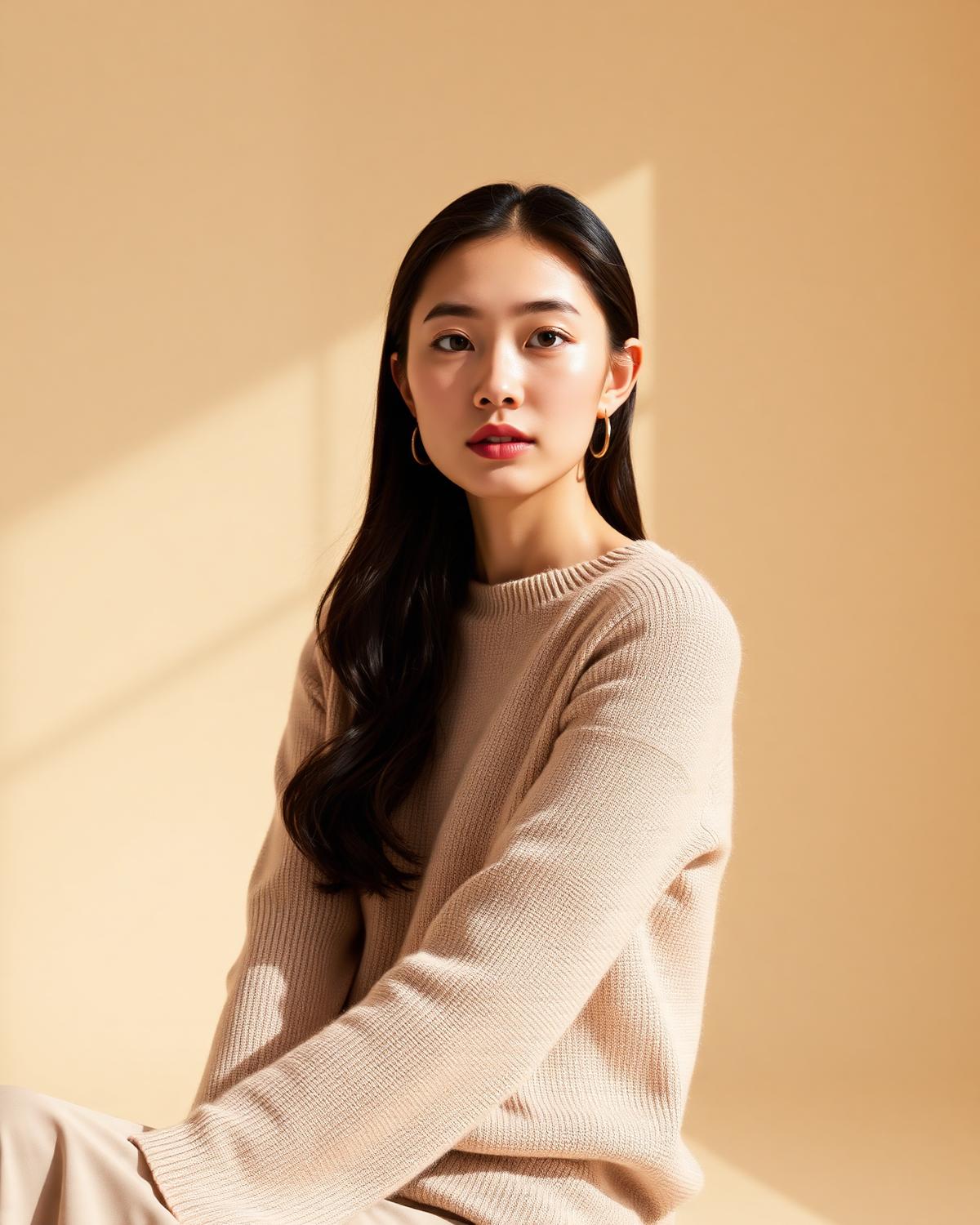 East Asian woman in soft nude knit